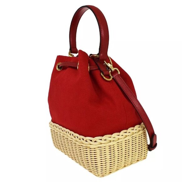 PRADA Logo Plage Wicker 2Way Shoulder Hand Bag Canvas Leather Red Gold 678RH125 - Picture 3 of 15